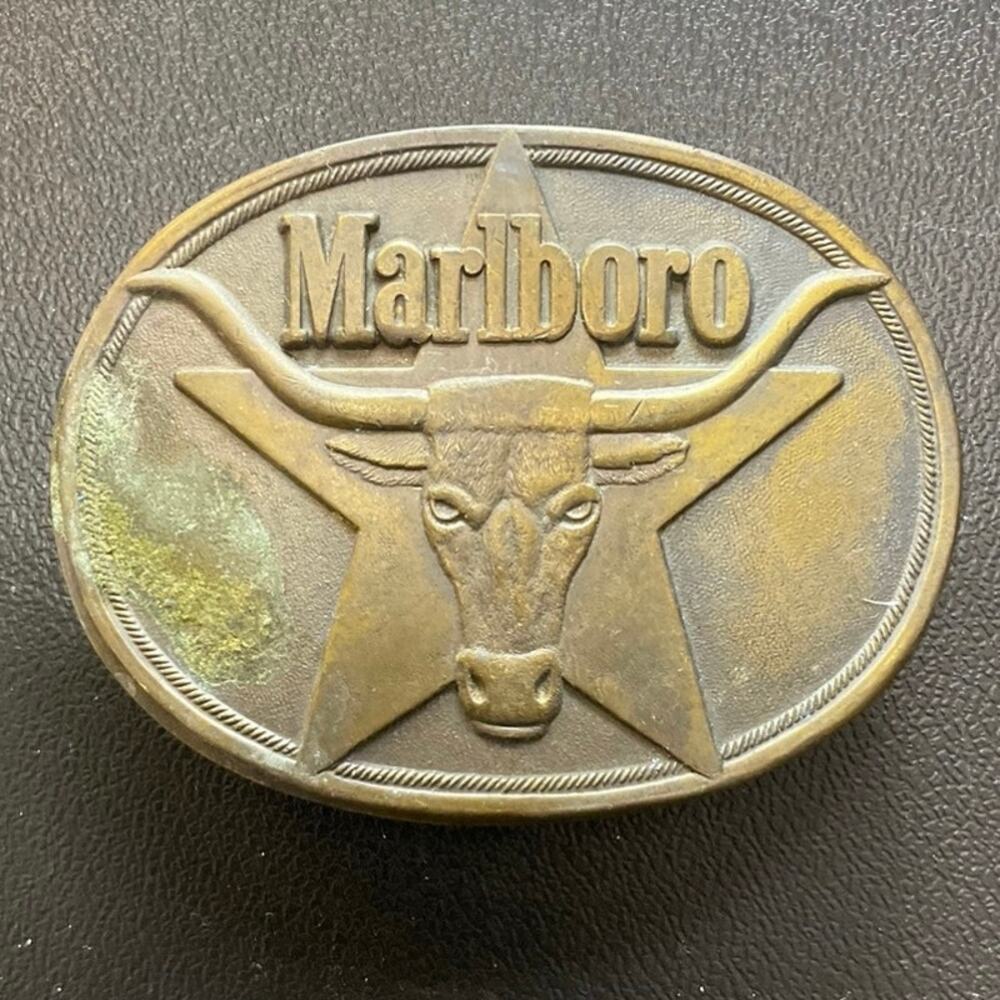 Vintage Marlboro Brass Belt Buckle Cowboy Longhorn Western 1987 Philip Morris